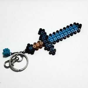 Hand-made Perler Bead Minecraft Diamond Sword w/ Diamond Block - Key Chain